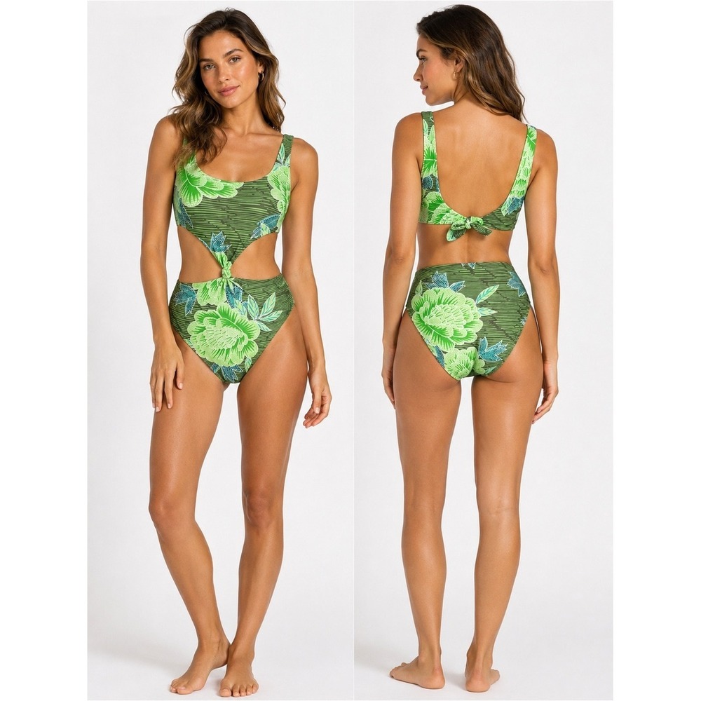 Aerie Green Floral Cutout One Piece Swimsuit Womens Size Small Tropical Ti Front